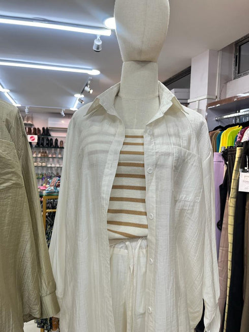 Chiffon Collar Shirt and Short With Stripes Tang Top Sets